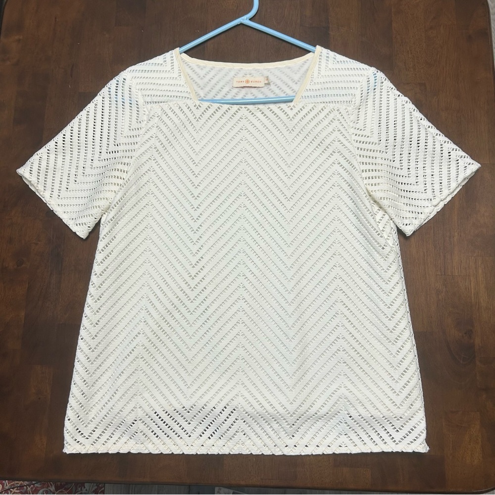 Tory Burch Eyelet Chevron Textured White Blouse Short Sleeve Top Size Small
